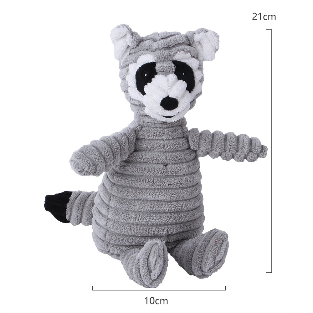 A gray and black panda plush toy with striped body and large ears, shown standing.