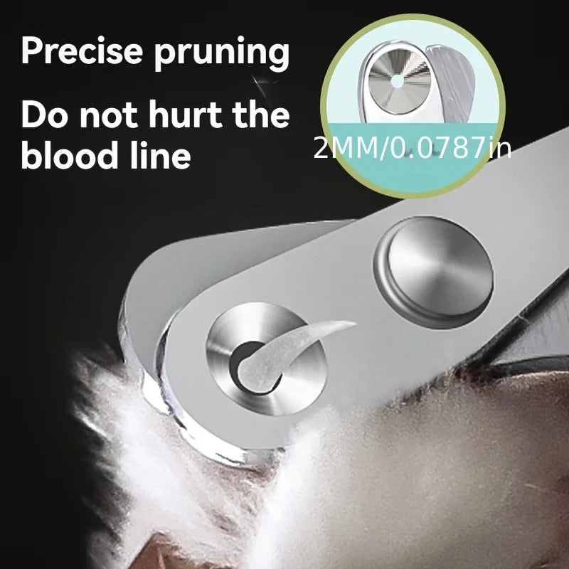 Close-up of silver pet cat nail clippers with a safety guard showing the blade and measurement details.