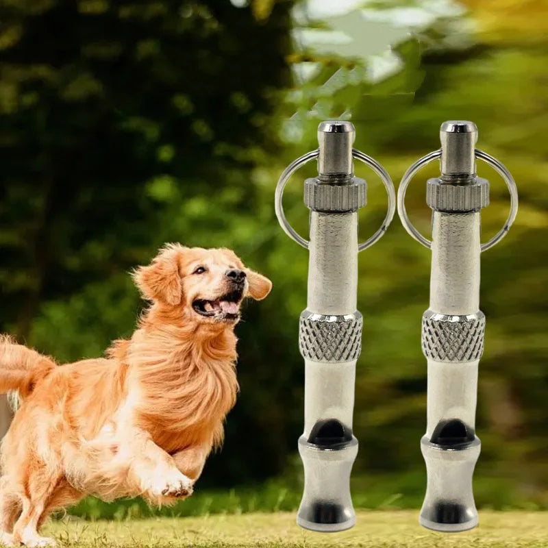 A golden retriever runs in a grassy field next to two stainless steel ultrasonic dog training whistles.