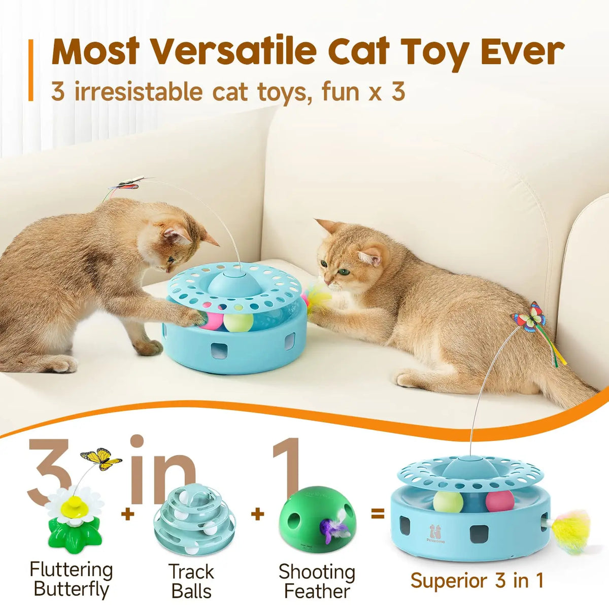 A set of three versatile cat toys including a fluttering butterfly, track balls, and a shooting feather shown next to two cat
