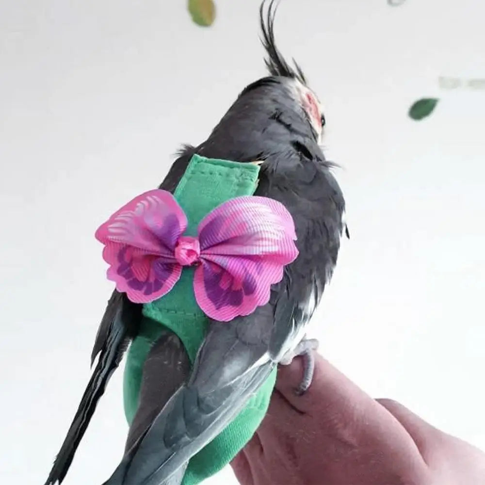 A dark parrot wearing a pink patterned bow and a green flight suit is held by a hand.