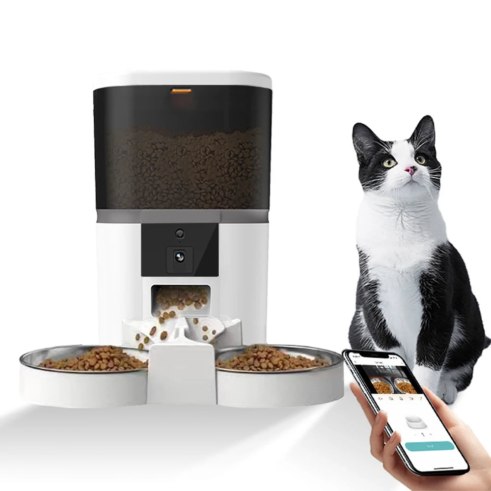 Weißer automatischer Futterspender für Katzen und Hunde mit Futter darin, mit einer Katze, die darauf schaut.