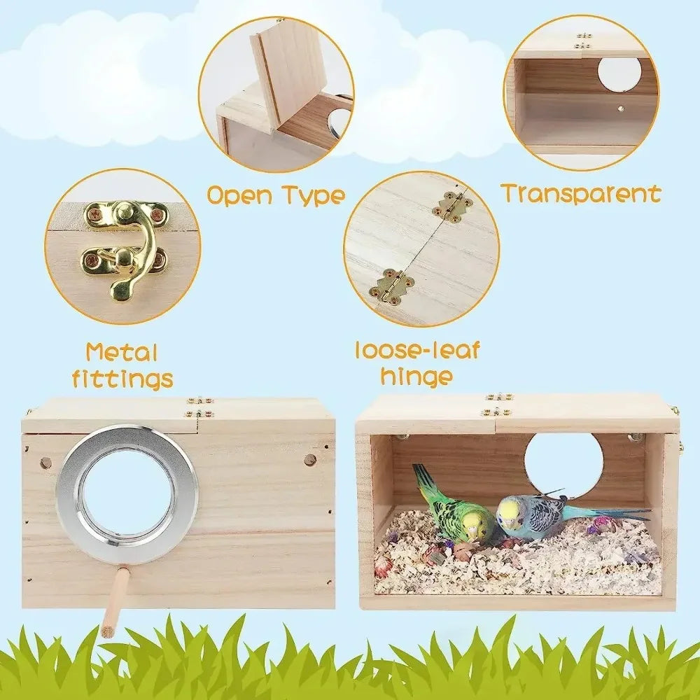 A wooden bird nesting box featuring an open type design, transparent panel, metal fittings, and a loose-leaf hinge.