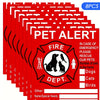 Red window stickers with PET ALERT text and emergency contact information for pets