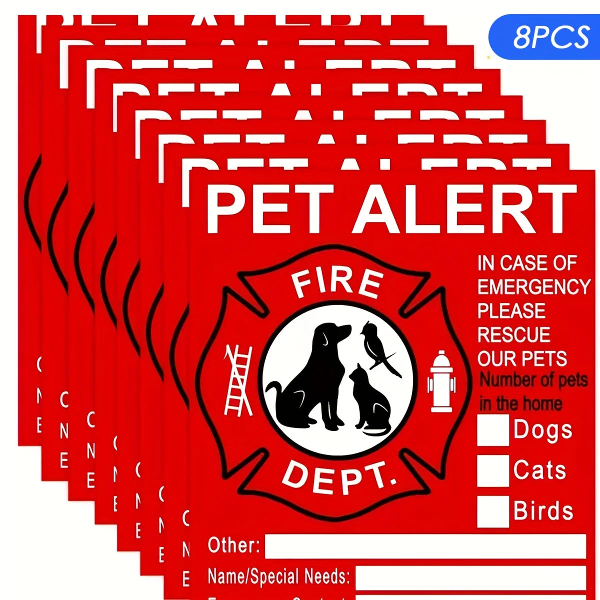 Red window stickers with PET ALERT text and emergency contact information for pets