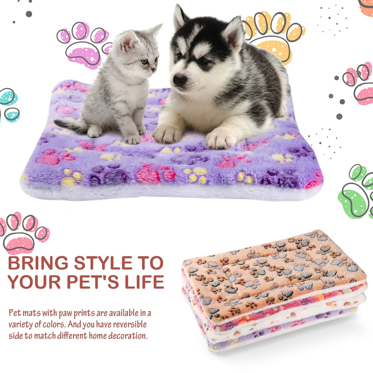 A fluffy gray and white puppy is lying on a purple pet mat with paw prints.