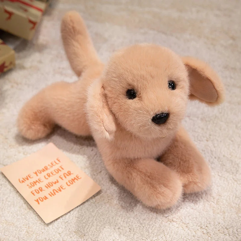 A light tan Labrador plush toy lying on a white textured surface.