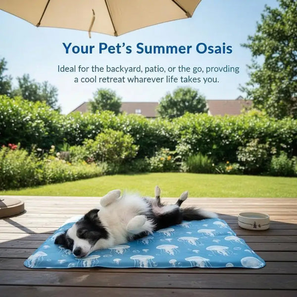A black and white dog is relaxing on a blue self-cooling pet mat outdoors.