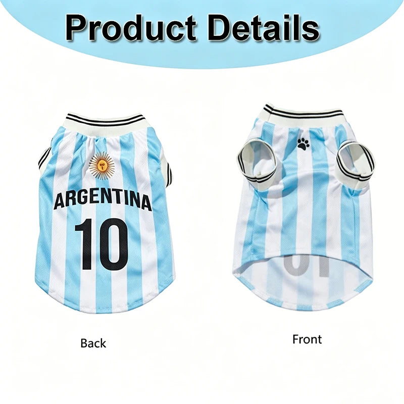 Argentina football jersey for dogs and cats showing the back and front views
