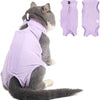 A gray cat wearing a purple post-surgery recovery suit, shown alongside separate suits.
