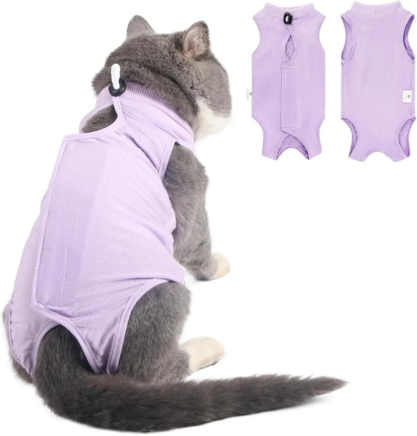 A gray cat wearing a purple post-surgery recovery suit, shown alongside separate suits.