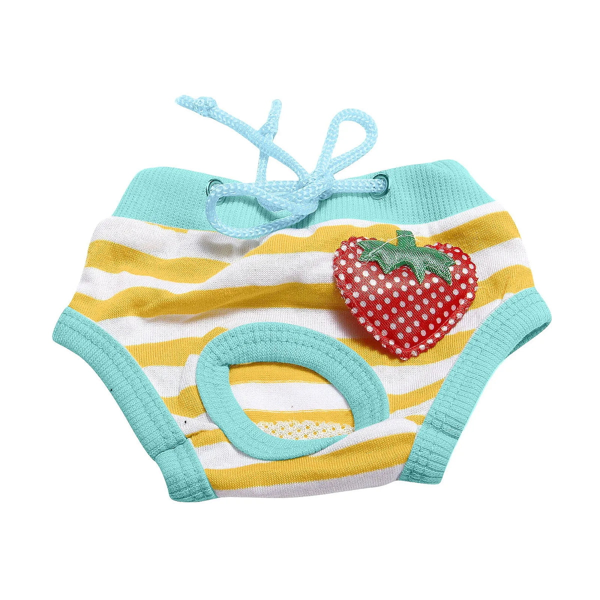 Adjustable dog sanitary pants in yellow and white stripes with a strawberry design