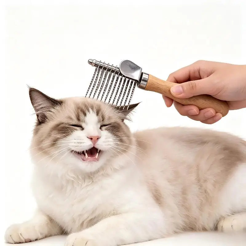 Un chat est en train d'être brossé avec une brosse et un râteau pour la déshemmage professionnel.
