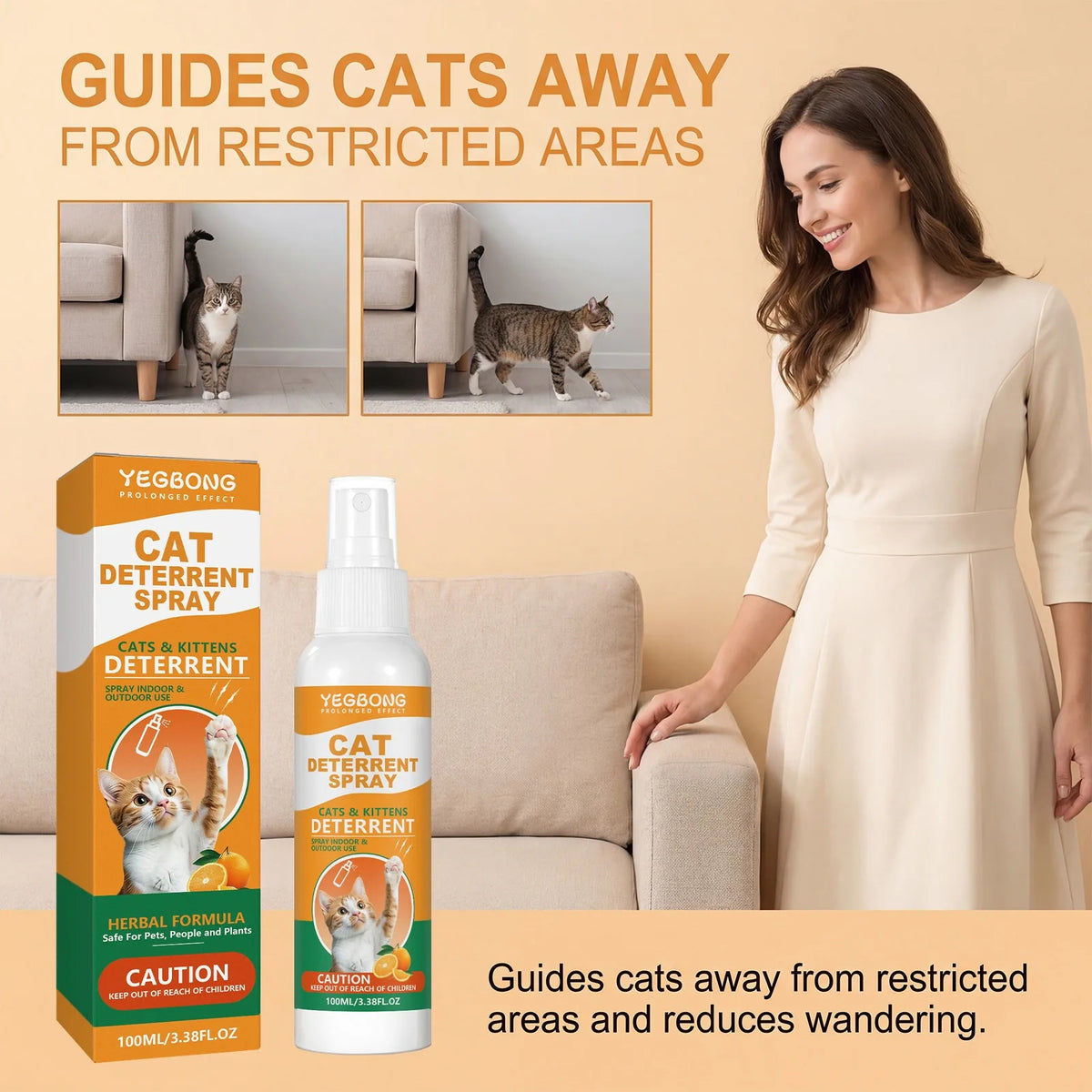 A bottle of Yegbong Cat Deterrent Spray is shown next to a woman in a light dress, with images demonstrating cats being guide