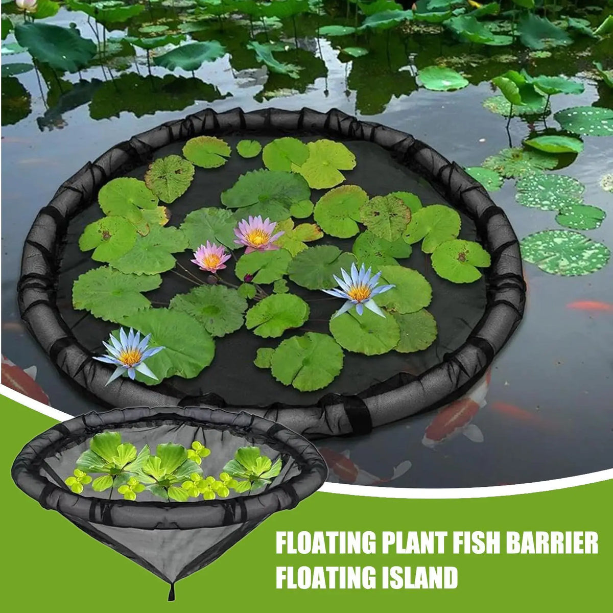 A black floating plant barrier ring with green aquatic plants and a blue flower floating on dark water.