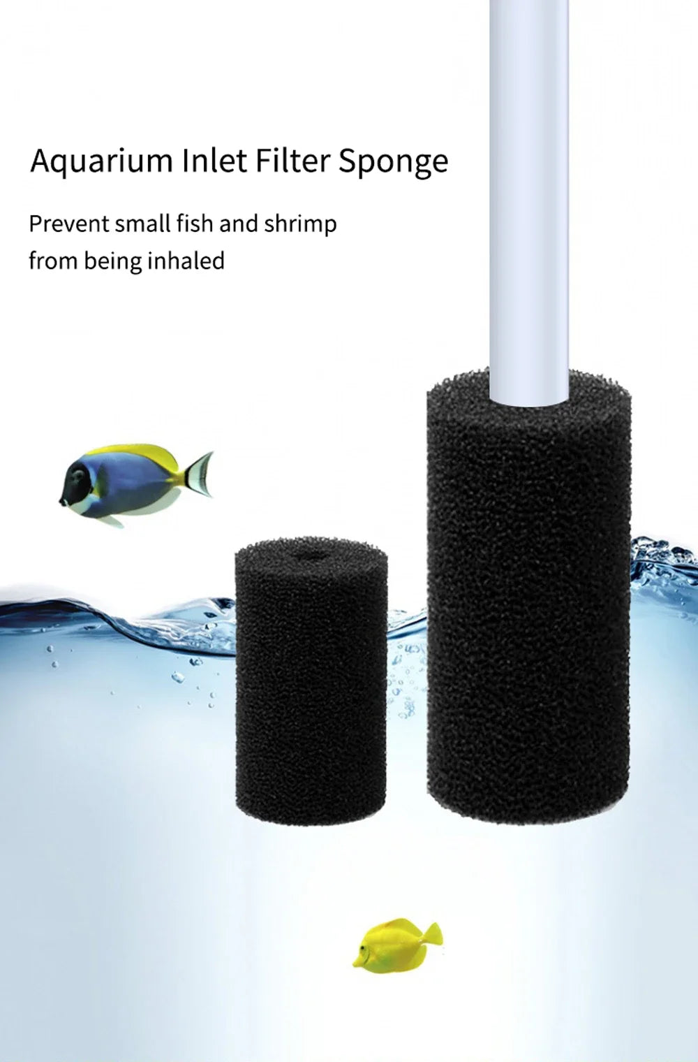 A black sponge filter is shown submerged in water with small fish near it, designed to prevent them from being inhaled.