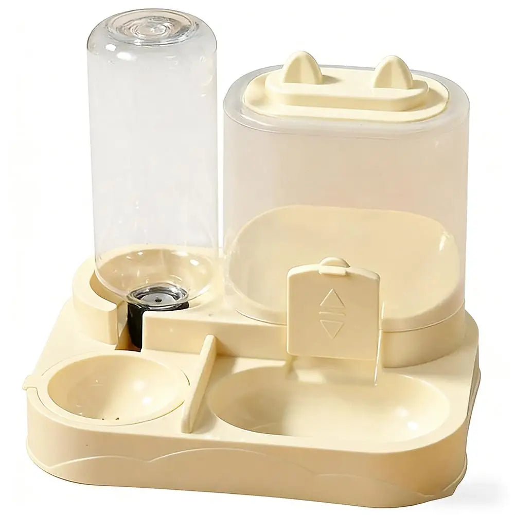 A beige gravity-fed pet food dispenser with a water bowl for cats and small dogs.