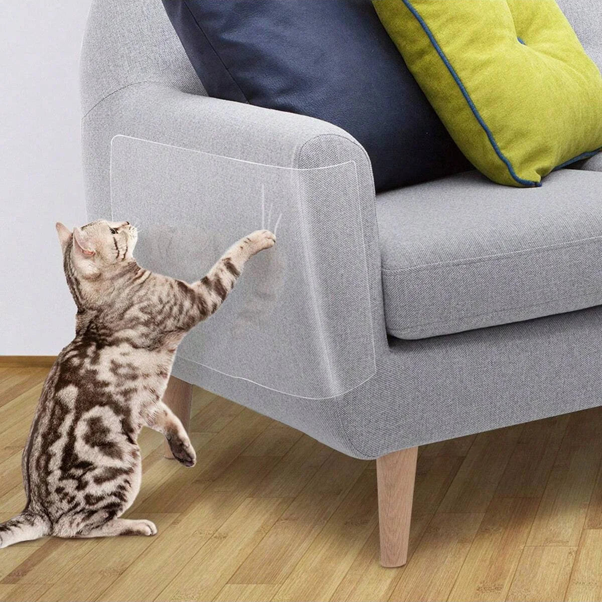 Un chat tigré est assis sur un canapé gris à côté d'un coussin jaune.