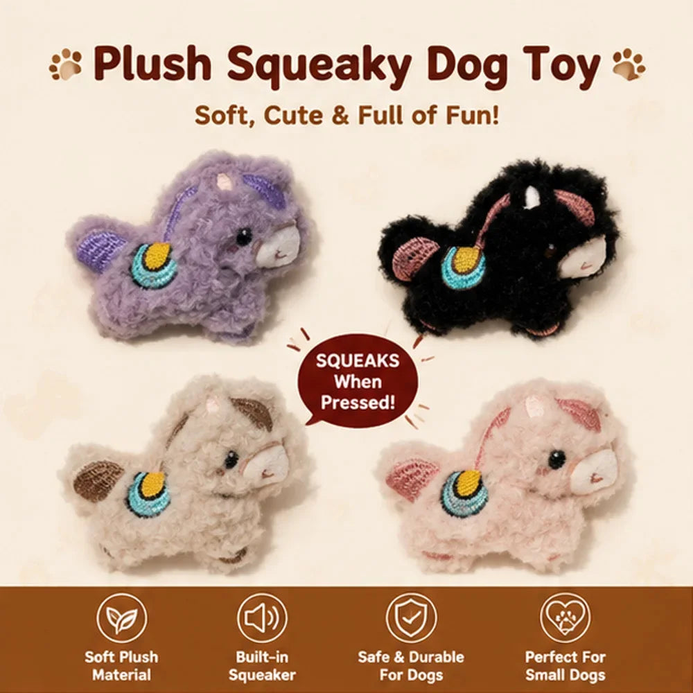 A set of four plush squeaky dog toys in purple, black, gray, and pink colors.