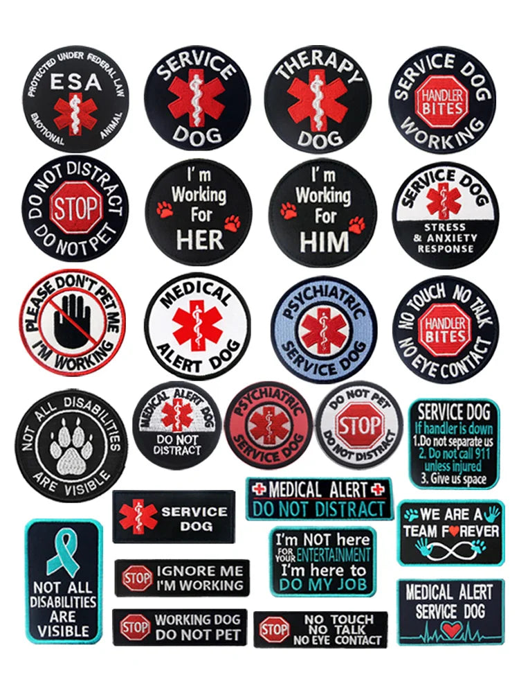 A collection of embroidered service dog training patches with various messages like Stop Do Not Pet and Medical Alert.