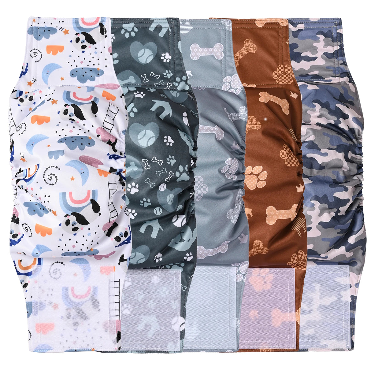 A collection of reusable adjustable belly bands for male dogs in various patterns and colors.