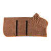 A brown, absorbent dog bathrobe with black stripes for post-bath care.