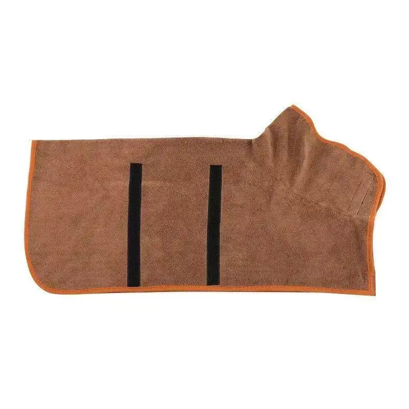 A brown, absorbent dog bathrobe with black stripes for post-bath care.