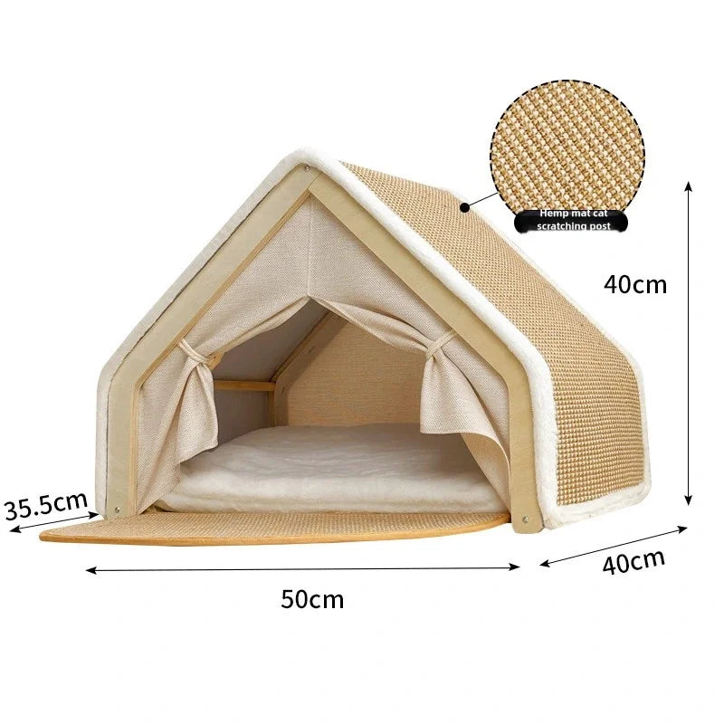 A light beige wooden cat nest with a semi-enclosed bed and a woven scratching post.