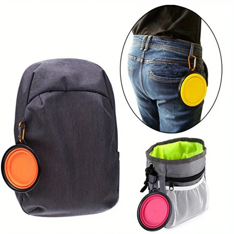 Dunkelgraue, portable Silikon-Hundeschale, gezeigt neben einer Nahaufnahme der Schale, befestigt an Jeans.