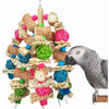 A natural wooden parrot bite toy made of woven straw and colorful foam balls hanging from a wooden dowel.