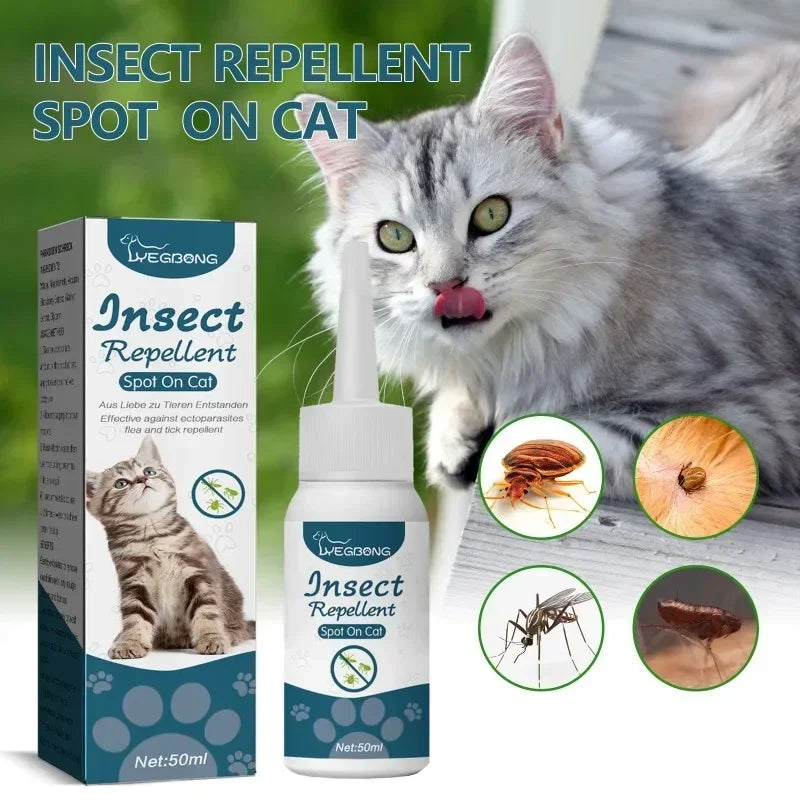 Un chat à côté d'une bouteille de répulsif Insect Repellent Spot On pour chats contre les puces et les tiques.