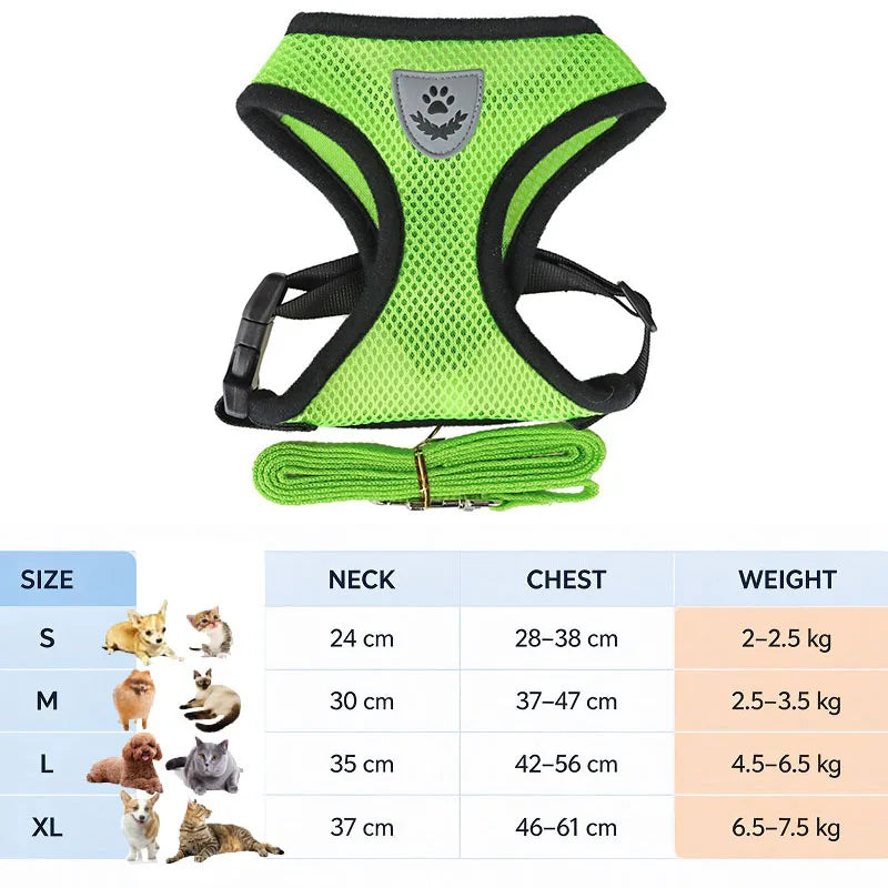 A bright lime green reflective harness for cats and small dogs with a detachable leash.