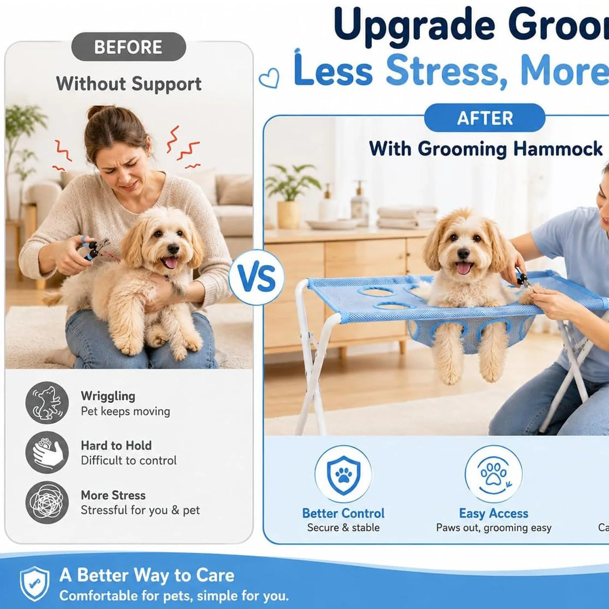 Comparison image showing a person grooming a dog before and after using a folding pet grooming hammock.