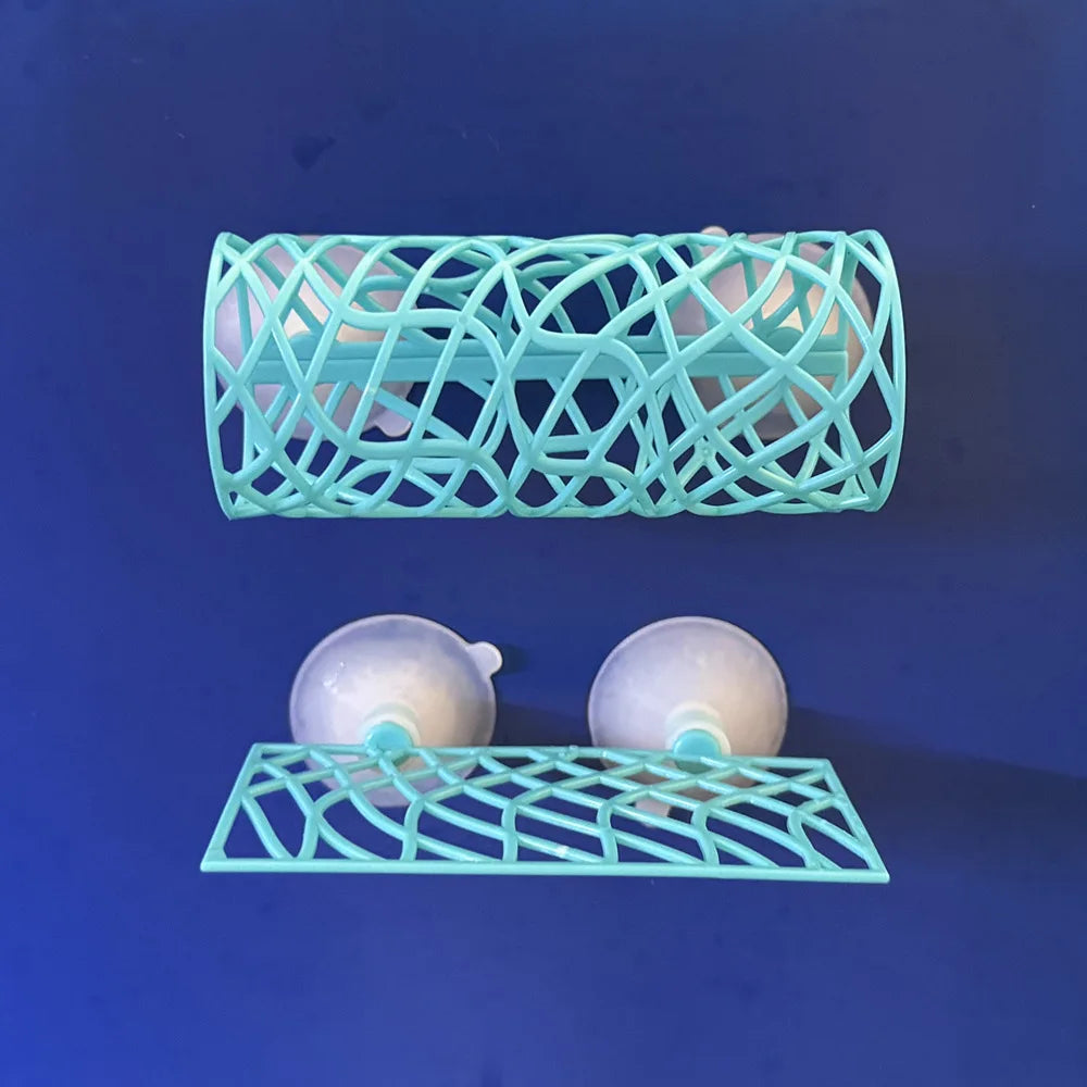 A turquoise plastic aquarium tunnel hideout for fish and shrimp, shown in two configurations.