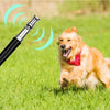 A golden retriever dog is shown outdoors on green grass next to an adjustable ultrasonic dog whistle.