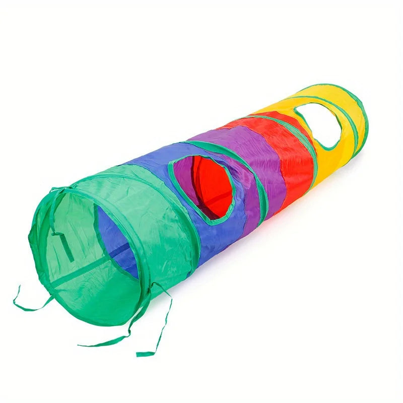 A colorful interactive cat play set featuring a collapsible tunnel, feather teaser wand, and crinkle balls.