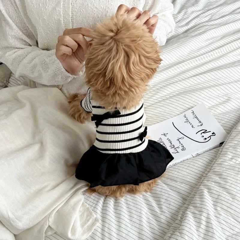 Striped Bow Accent Dog Dress with Flutter Sleeves for Small Breeds