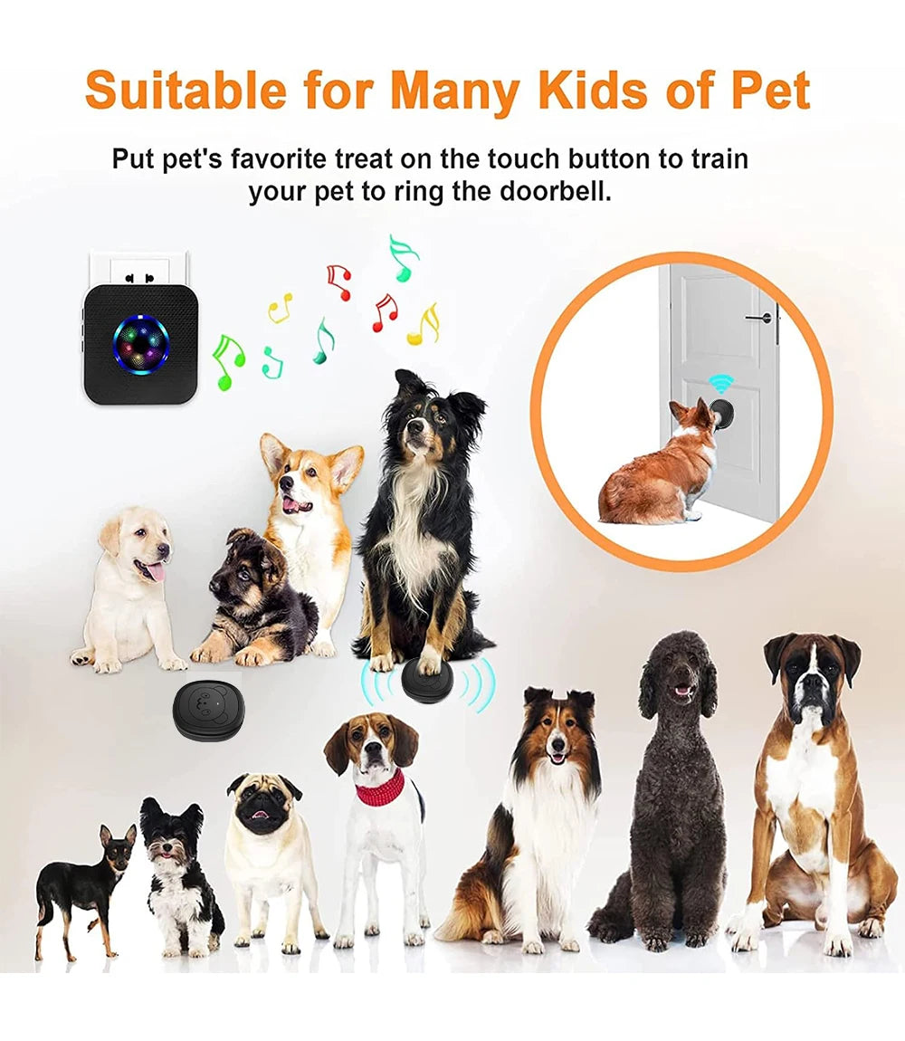 A wireless dog doorbell device is shown with various dogs, including a poodle, a terrier, and a bulldog, demonstrating its us