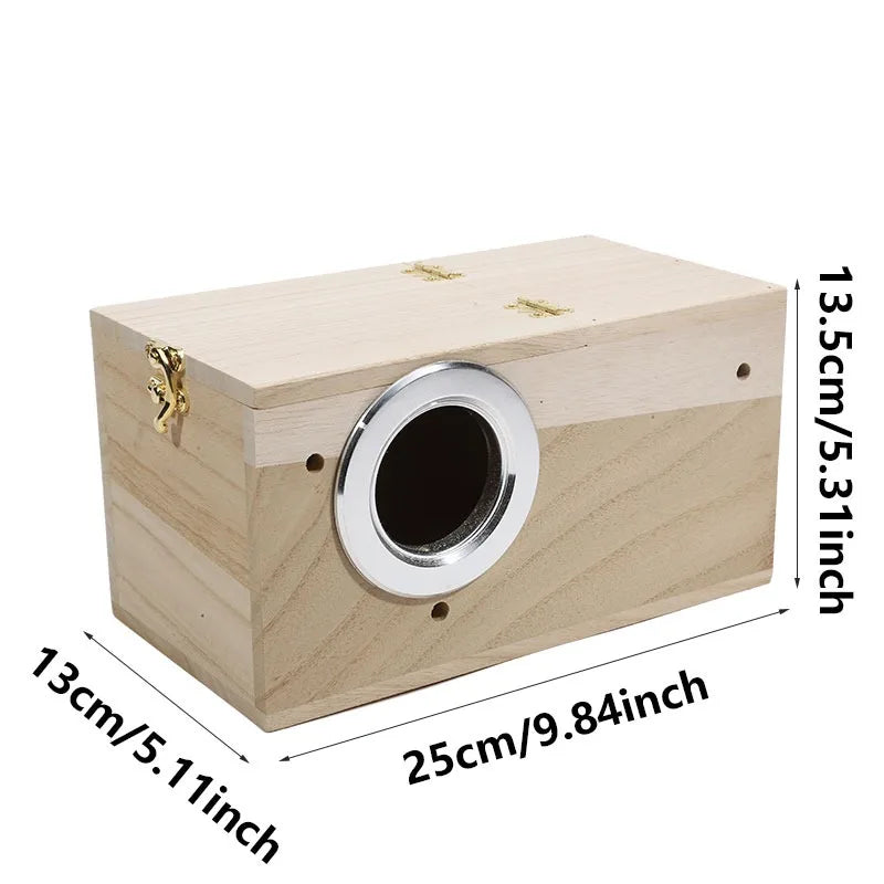 A natural wood bird nest box with a circular entrance hole and small decorative accents.
