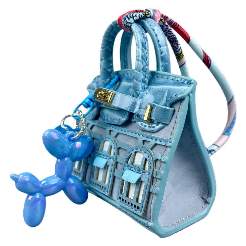 Handcrafted Mini House-Shaped Handbag with Puppy Keychain