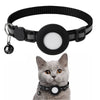 A black breakaway cat collar with a reflective strip and an airtag holder is shown next to a gray kitten.
