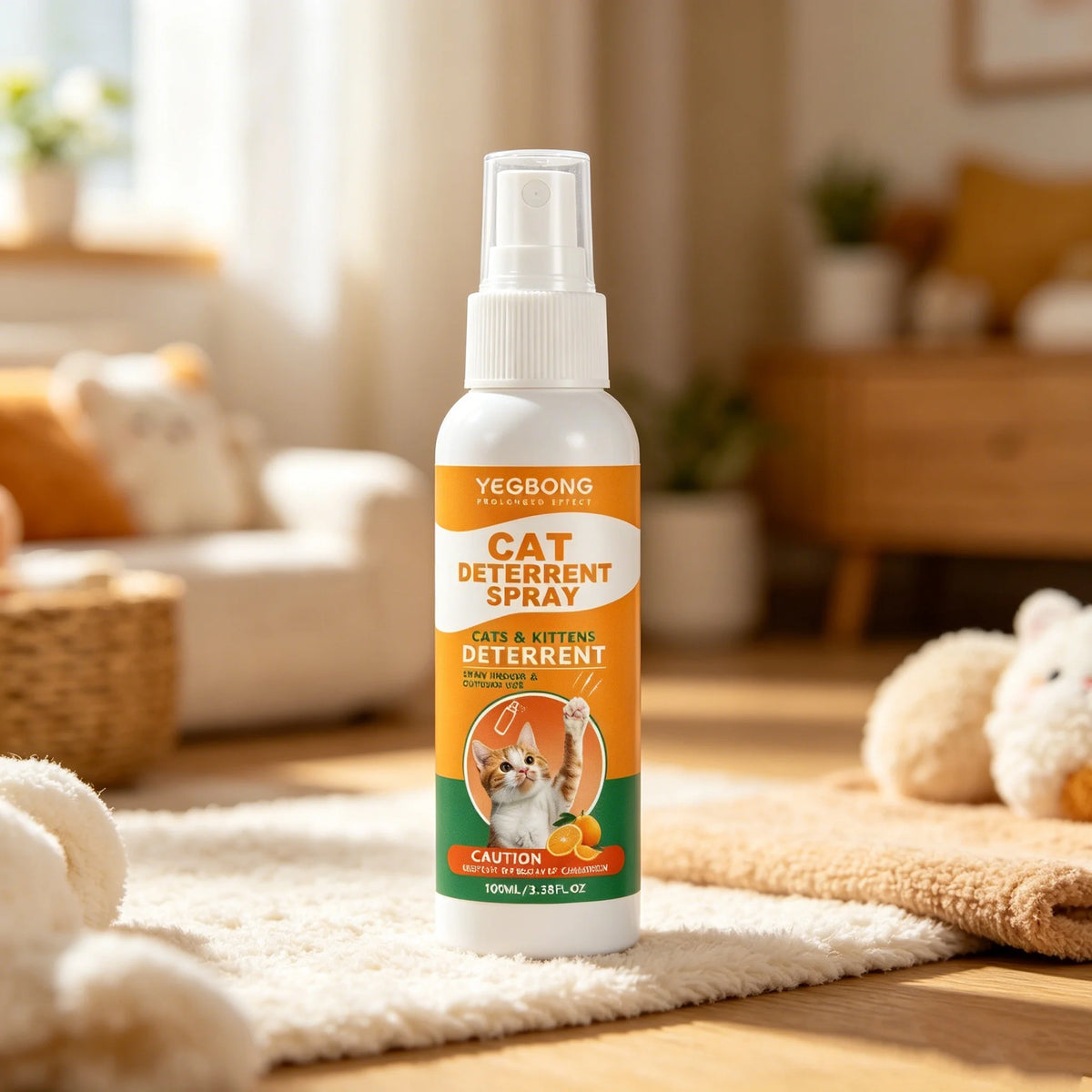 A bottle of Yegbong Cat Deterrent Spray for pets is shown on a wooden surface with a fluffy rug.