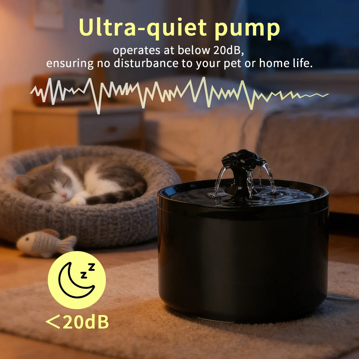 A black rechargeable cat water fountain is shown operating quietly near a sleeping cat.