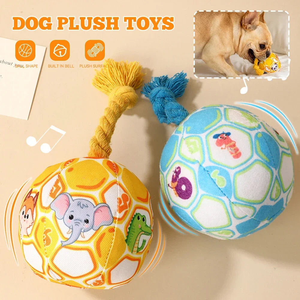 A yellow and blue plush rope ball dog toy with various animal shapes is shown next to a blue fuzzy toy.