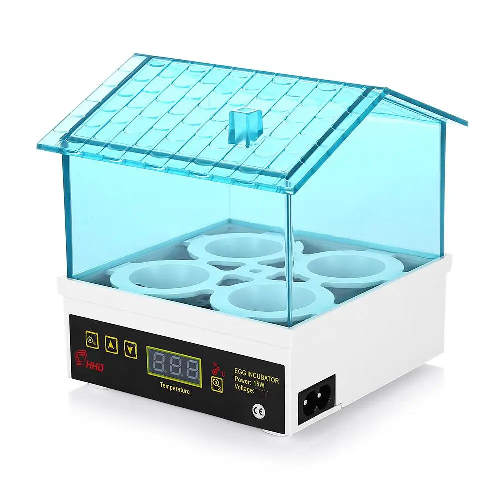 Incubateur numérique bleu clair automatique avec couvercle transparent et plateaux intérieurs.