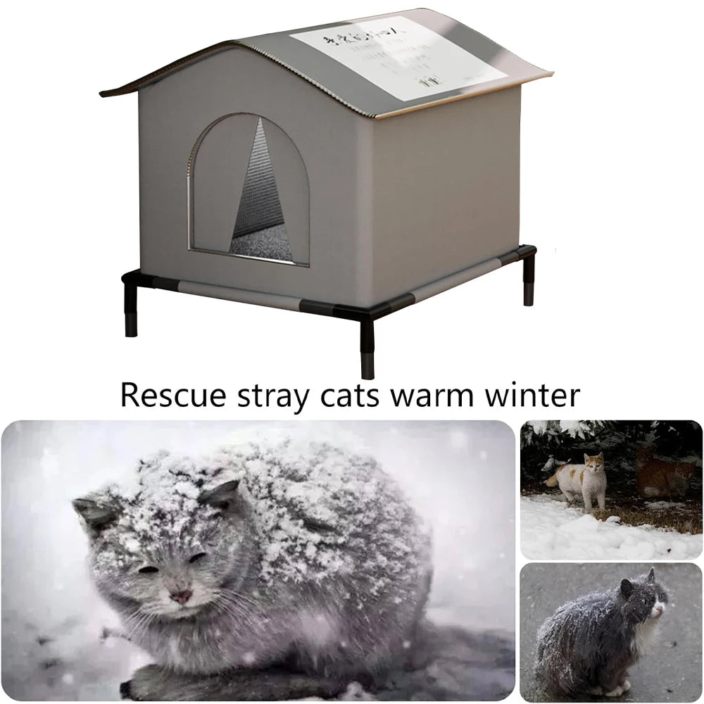 Abri extérieur gris et imperméable pour garder les chats errants au chaud en hiver.