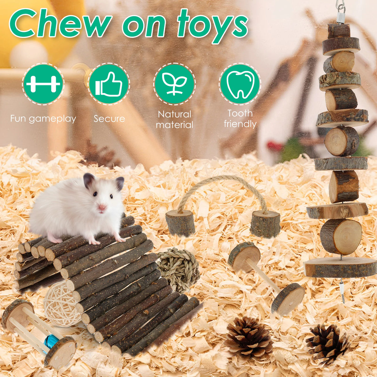 Natural Wood Chewing Toy Set for Small Pets