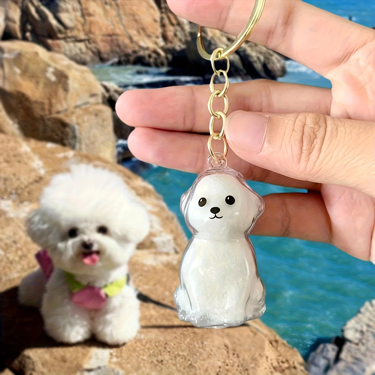 A clear pet hair storage keychain featuring a small, white dog charm is held against a backdrop of rocks and blue water.