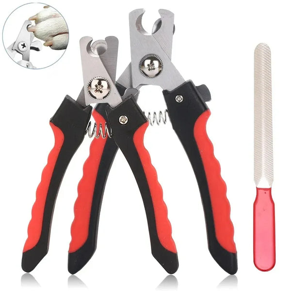 A set of stainless steel pet nail clippers for dogs and cats with black handles and red accents.
