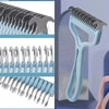A close-up view of a light blue pet hair removal comb or brush used for grooming dogs and cats.